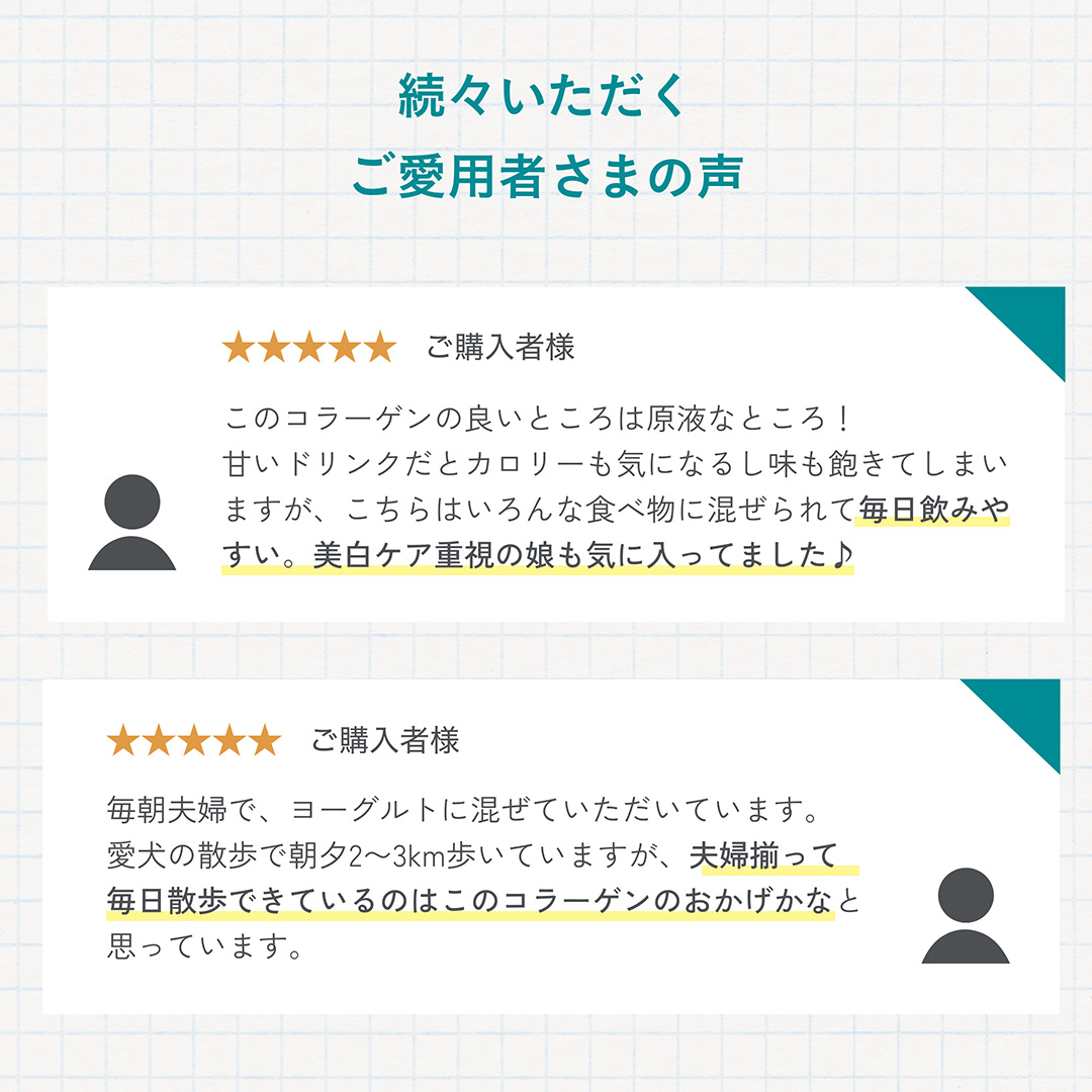 続々いただくご愛用者様の声 毎日飲みやすい。美白ケア重視の娘も気に入ってました。毎日散歩できるのはこのコラーゲンのおかげかなと思っています。