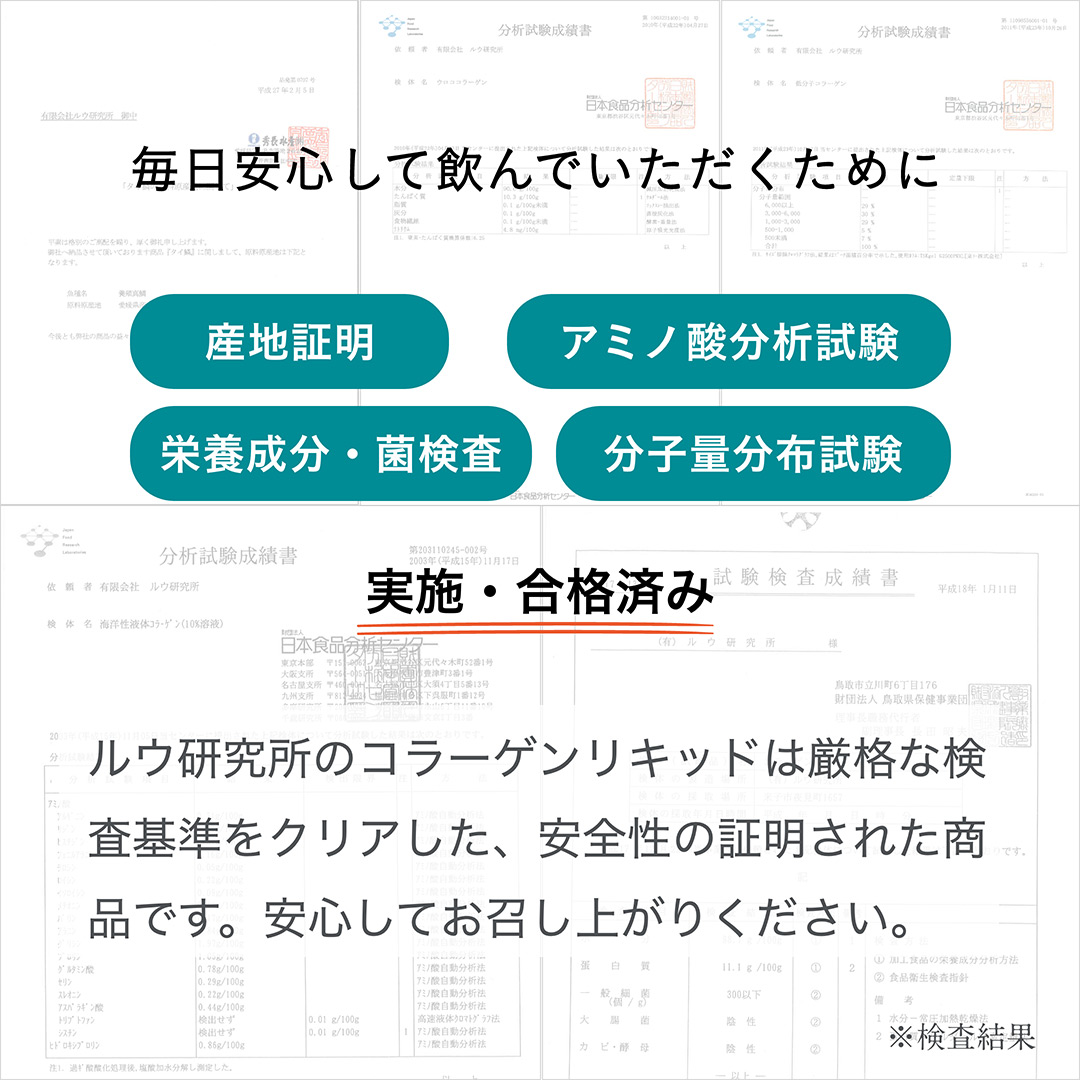 毎日安心して飲んでいただくために産地証明、アミノ酸分析試験、栄養成分・菌検査、分子量分布試験 実施・合格済み